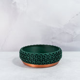 "Front-facing empty HONEYCOMB bowl planter with copper base and detailed forest pattern."